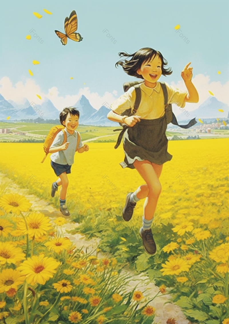 奔跑在盛开的油菜花田野的小朋友,插画/手绘图,插画/手绘图库,插画/手绘图下载,插画/手绘